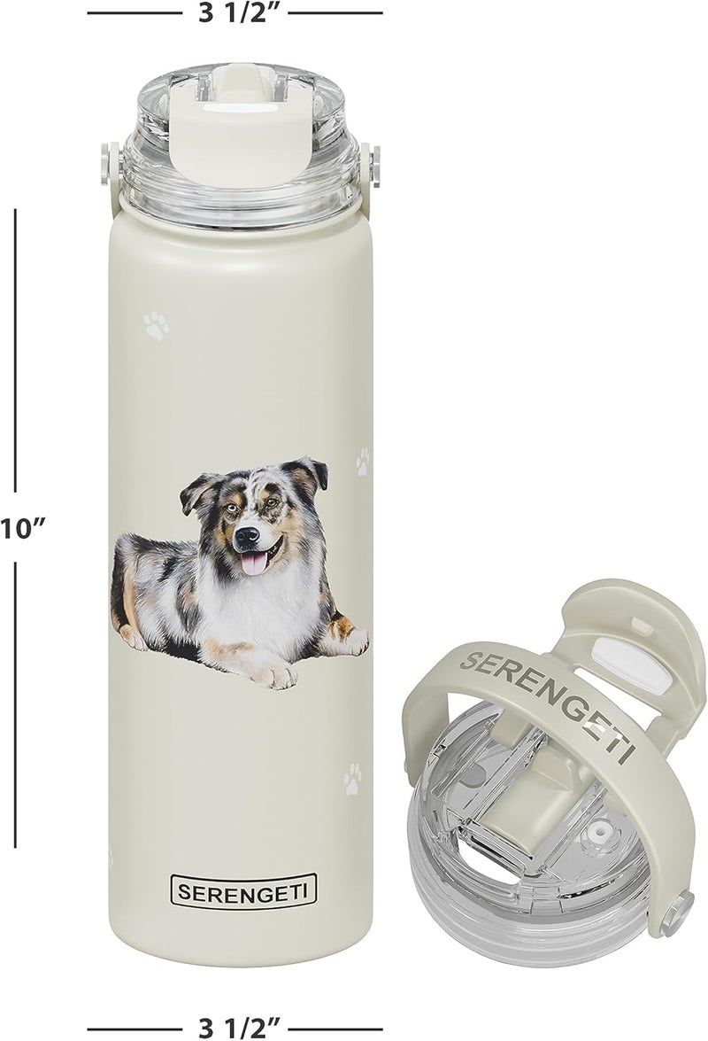 ES Pets SERENGETI 24 Oz Water Bottle Stainless Steel with Spill Proof Lid - Double walled Vacuum Insulated water flask - Realistic 3D Print of your favorite dog (Australian Shepherd) - Image 2
